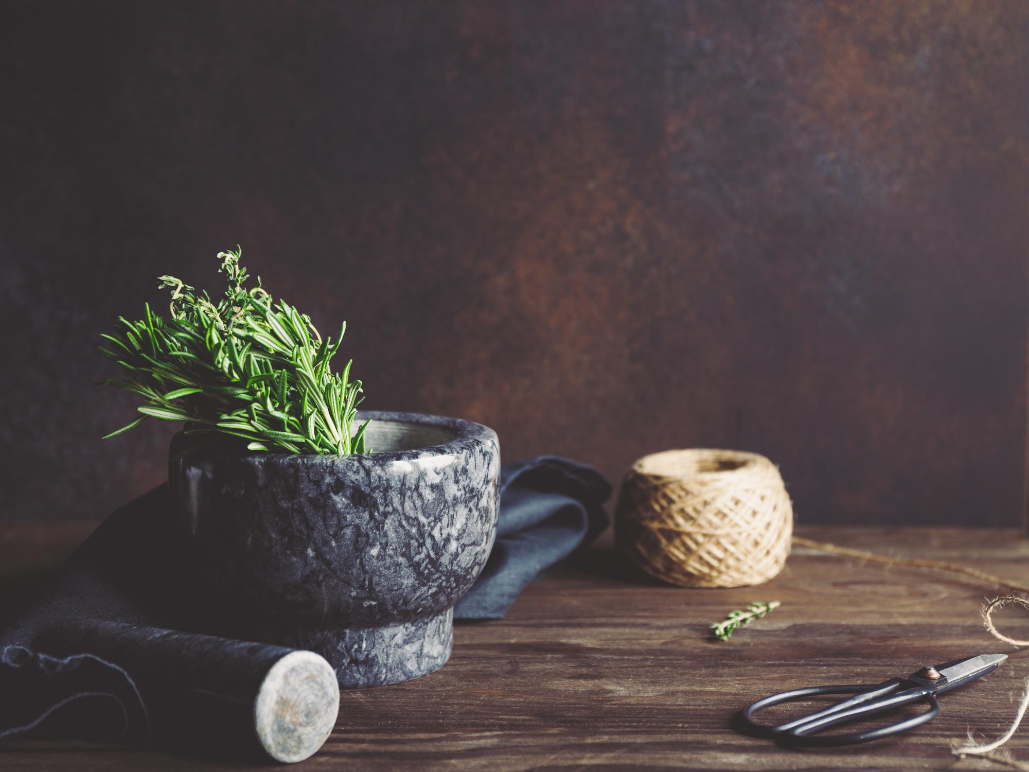 atelier kitchen counter with herbs and bowls