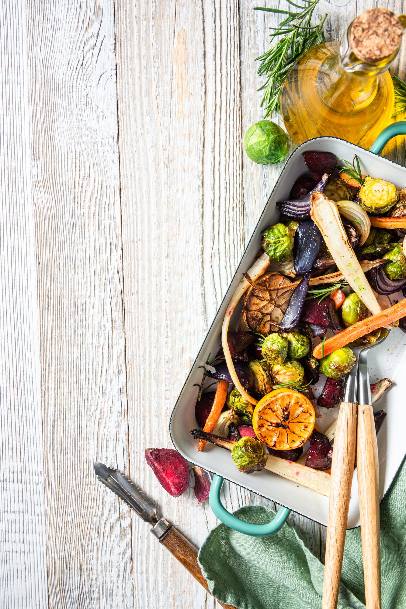 close-up of roasted vegetables with herbs